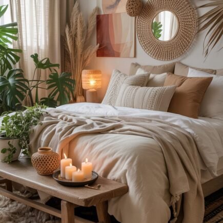 Banc en bois au pied d un lit avec bougies et décorations naturelles
