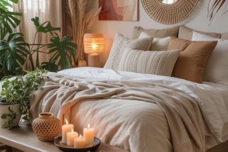 Banc en bois au pied d un lit avec bougies et décorations naturelles