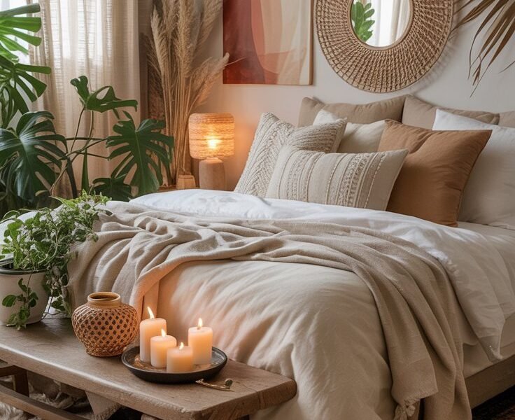 Banc en bois au pied d un lit avec bougies et décorations naturelles