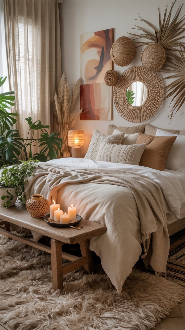 Banc en bois au pied d un lit avec bougies et décorations naturelles