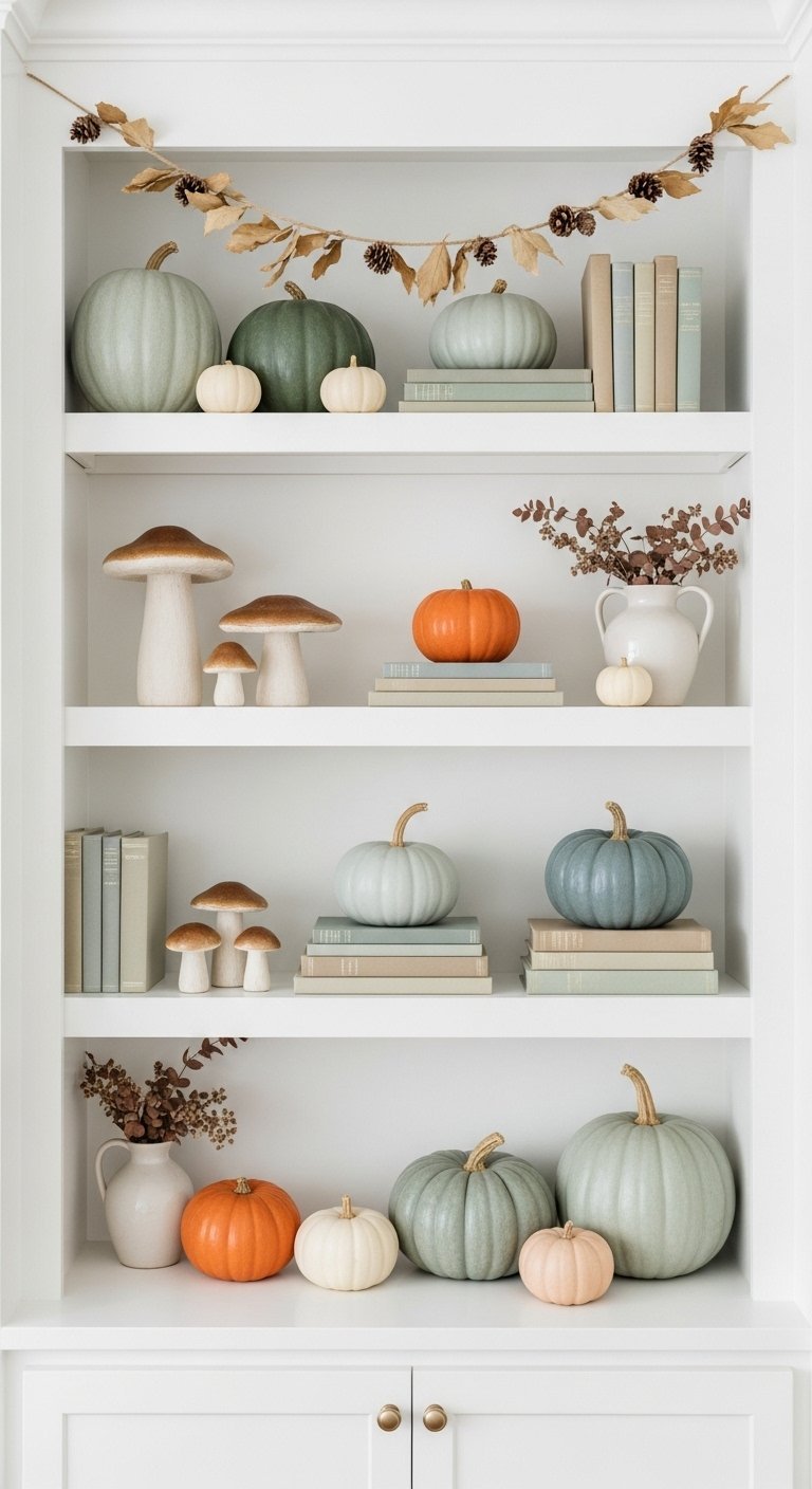 Bibliothèque blanche avec des citrouilles de couleur pastel et des champignons en céramique
