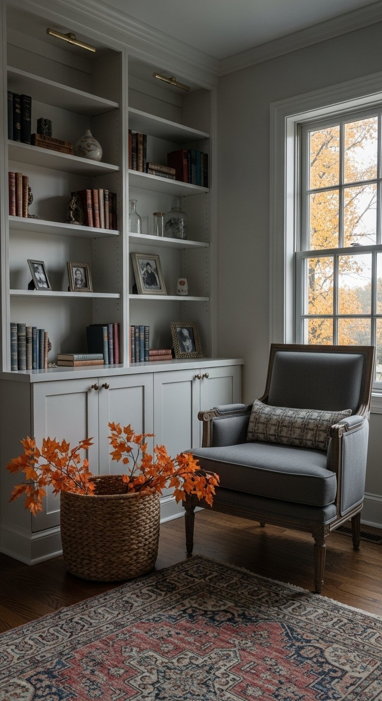 Bibliotheque integree blanche dans un salon de style classique