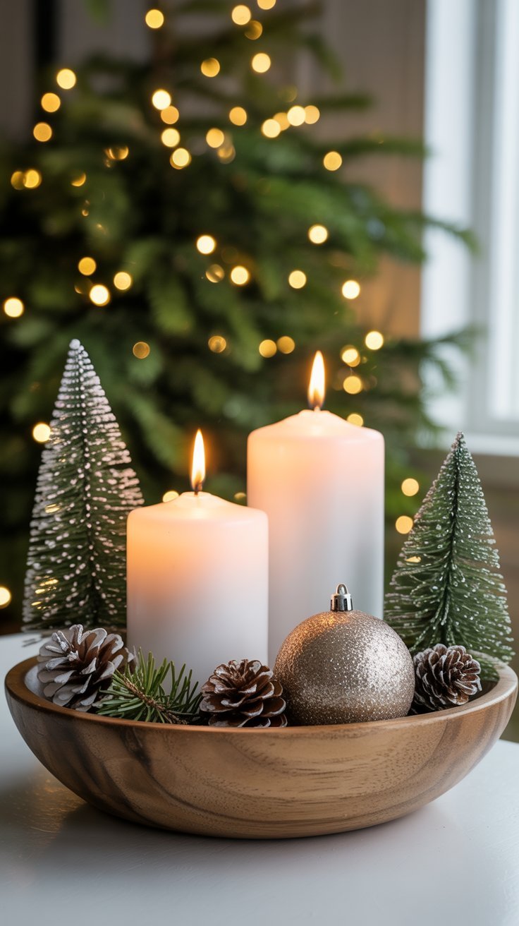 Bol en bois avec deux bougies blanches une boule de noel et des mini sapins