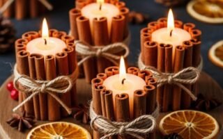 Bougies à la cannelle disposées sur un plateau en bois en forme de coeur