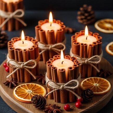 Bougies à la cannelle disposées sur un plateau en bois en forme de coeur