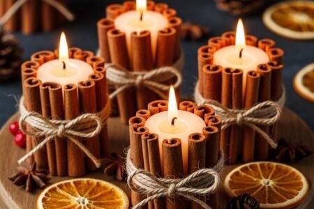 Bougies à la cannelle disposées sur un plateau en bois en forme de coeur