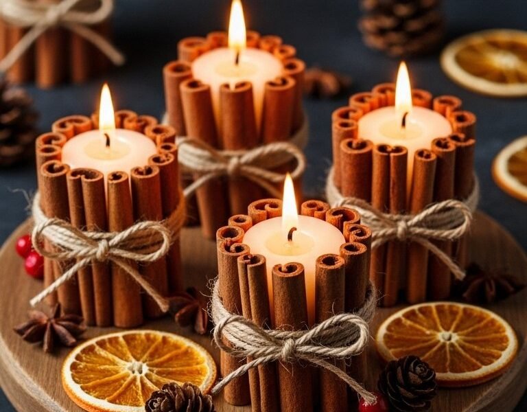 Bougies à la cannelle disposées sur un plateau en bois en forme de coeur