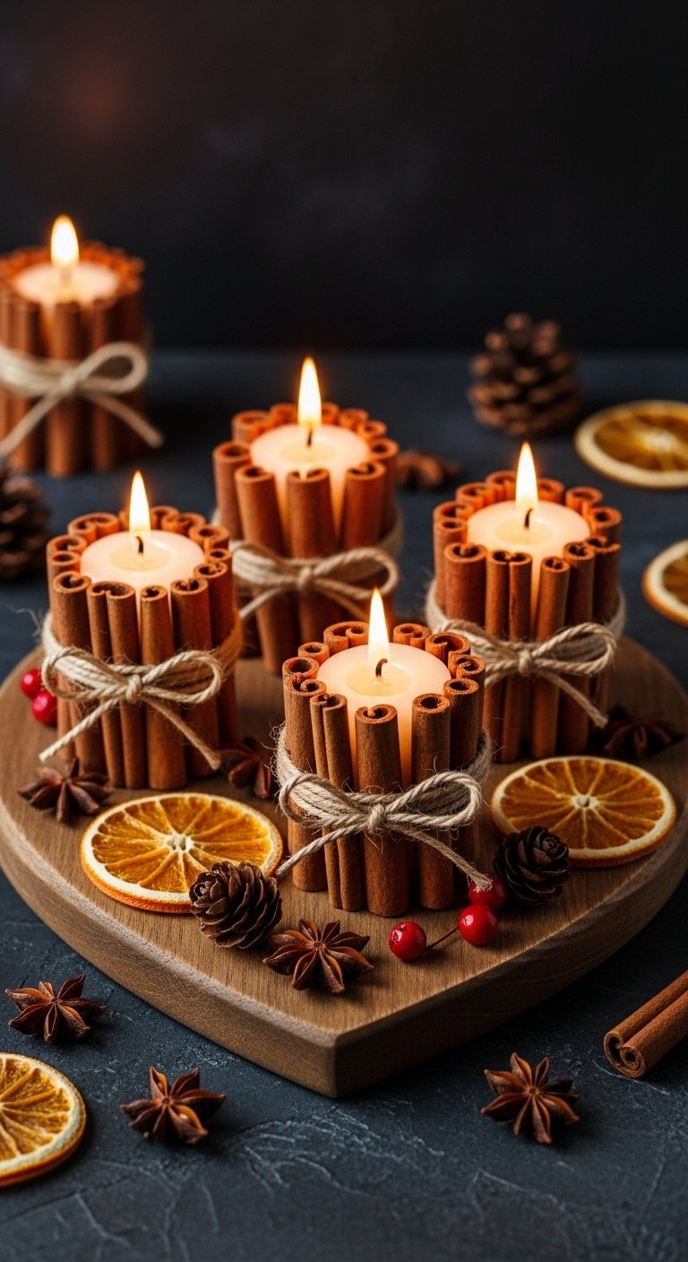 Bougies à la cannelle disposées sur un plateau en bois en forme de coeur