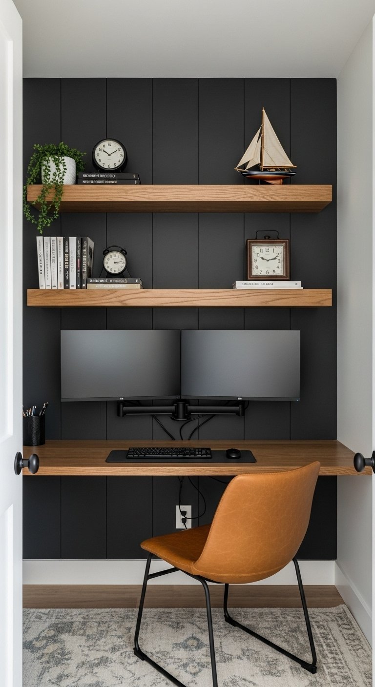 Bureau avec mur d accent noir et étagères en bois flottantes