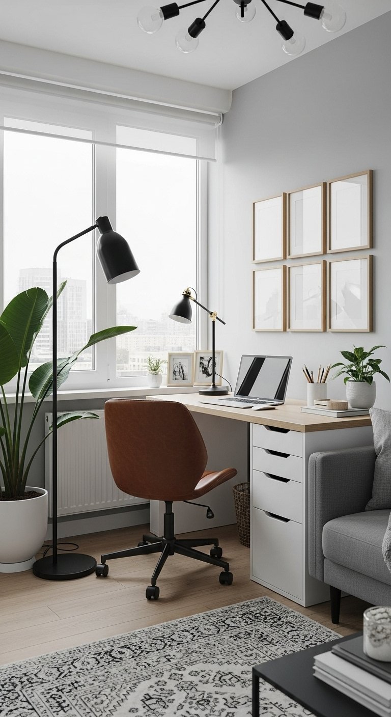 Bureau blanc simple avec pieds en bois dans un coin lumineux avec des plantes