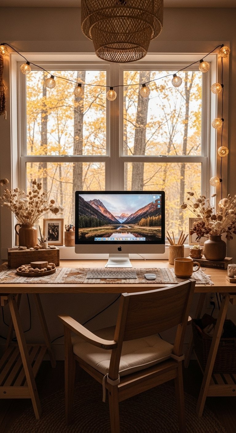 Bureau en bois devant une fenêtre avec vue sur la forêt en automne