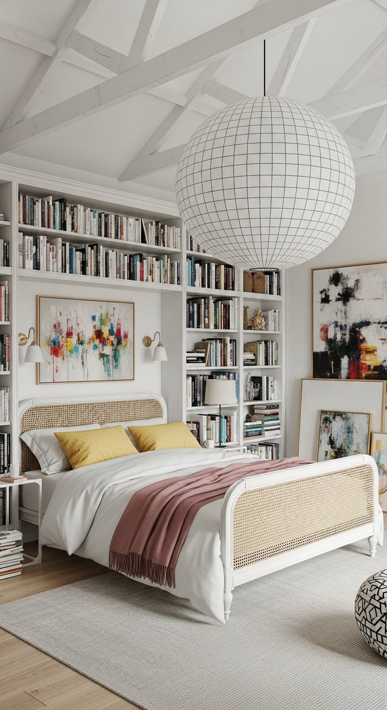 Chambre avec bibliothèque intégrée autour d un lit en cannage