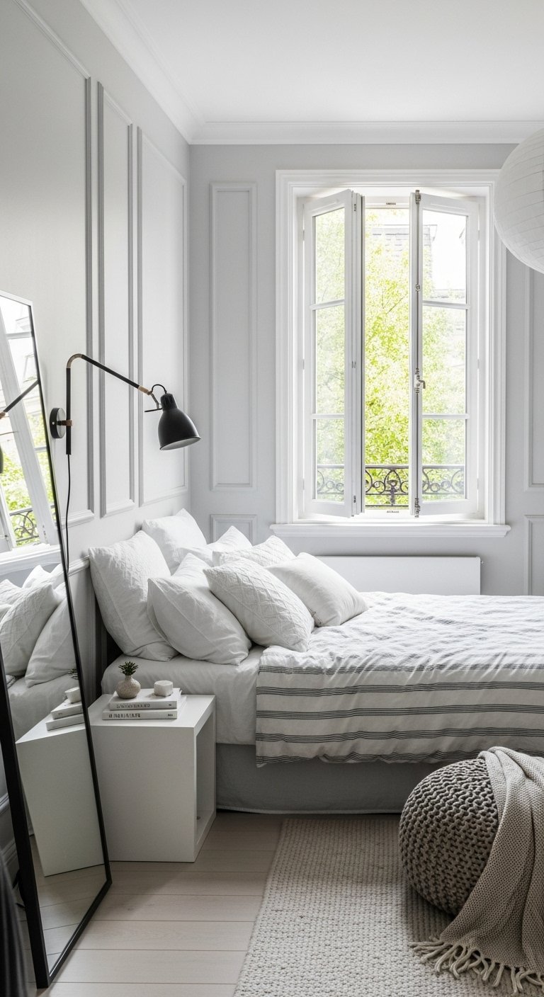 Chambre lumineuse style parisien avec moulures et grand miroir