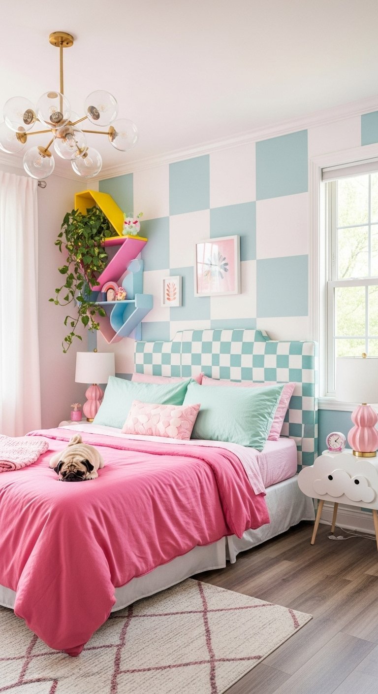 Chambre pour fille avec mur à damier bleu et lit rose