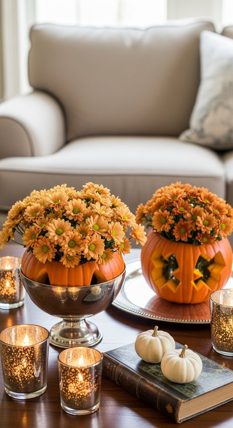 Citrouilles sculptées utilisées comme vases pour des chrysanthèmes orange