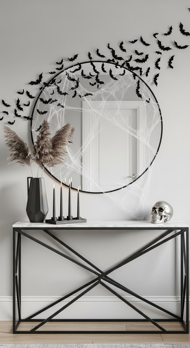 Console d entree moderne avec miroir rond decore de chauves souris