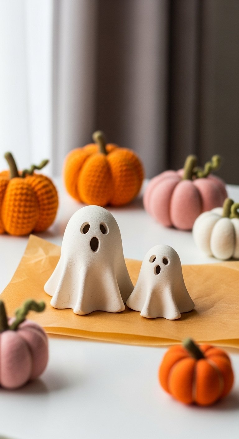 Figurines de fantômes minimalistes en argile blanche entourées de citrouilles en tissu