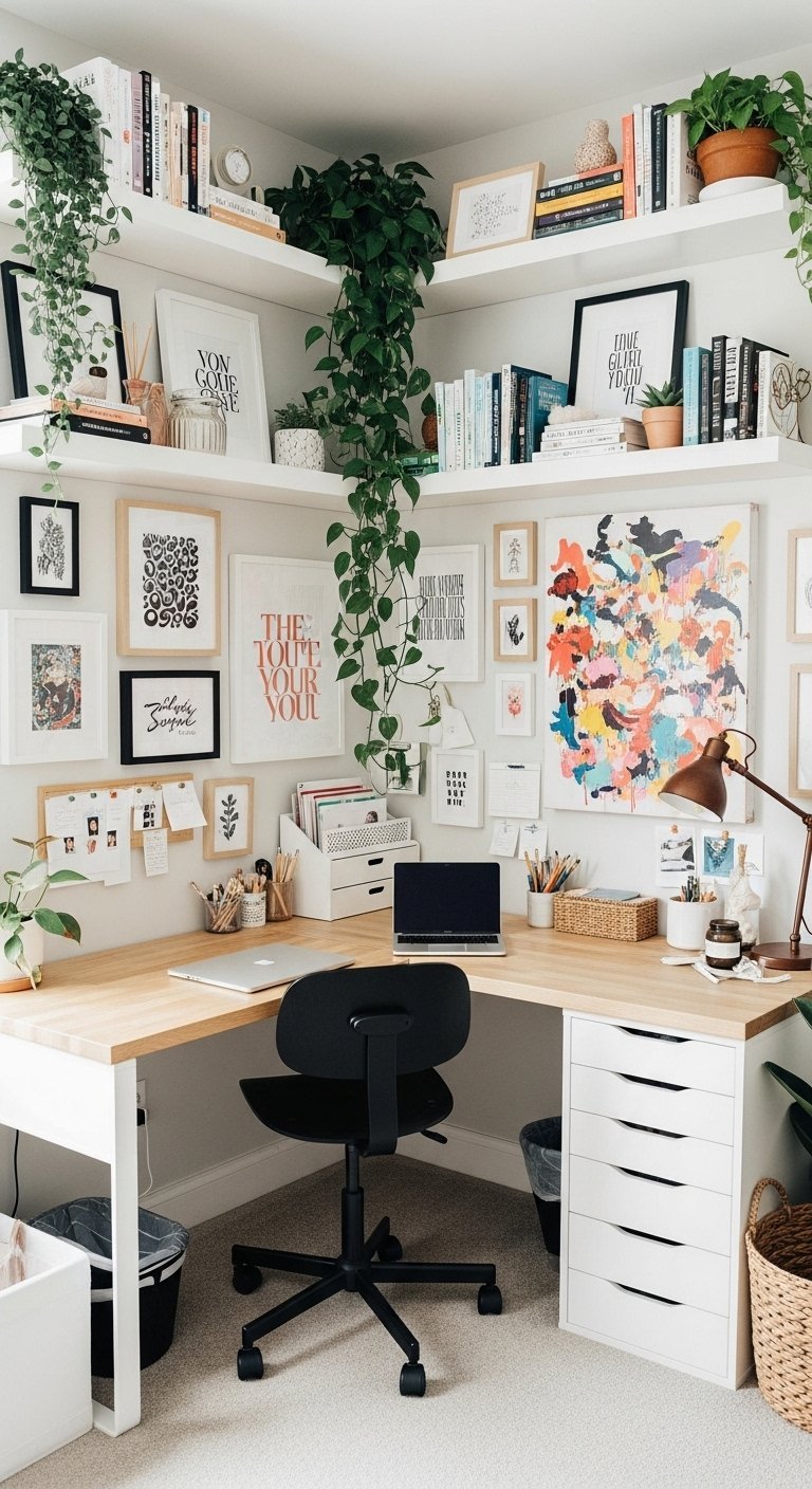 Grand bureau d angle en L avec un mur de galerie et des étagères remplies de plantes