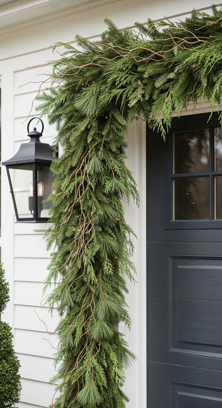 Guirlande de Noël épaisse et naturelle entourant une porte d entrée