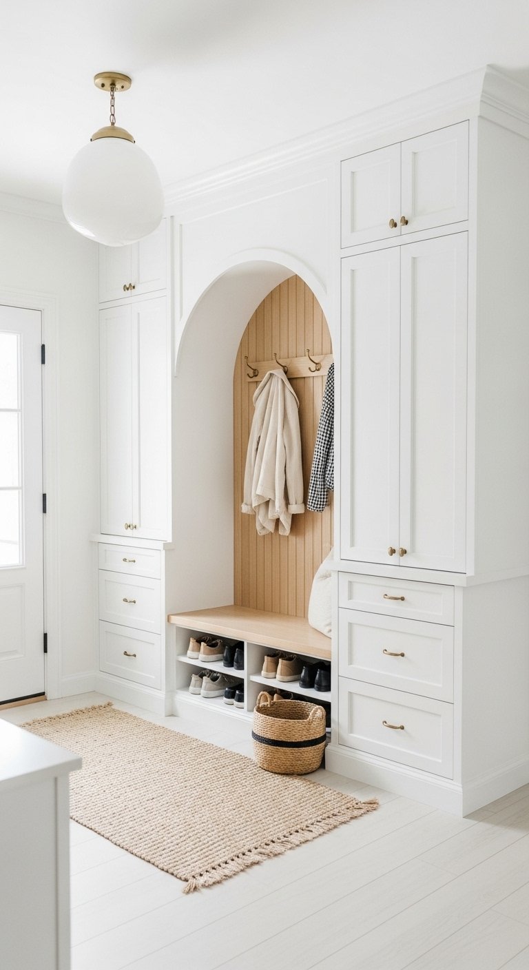 Meuble d entree blanc integre avec une niche en arche a fond de bois