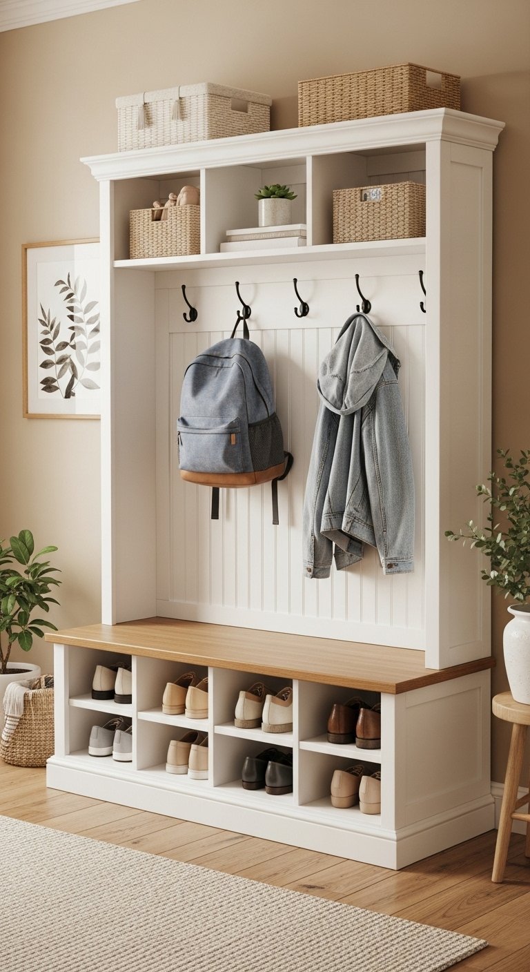 Meuble d entrée de style farmhouse blanc avec banc en bois et casiers à chaussures