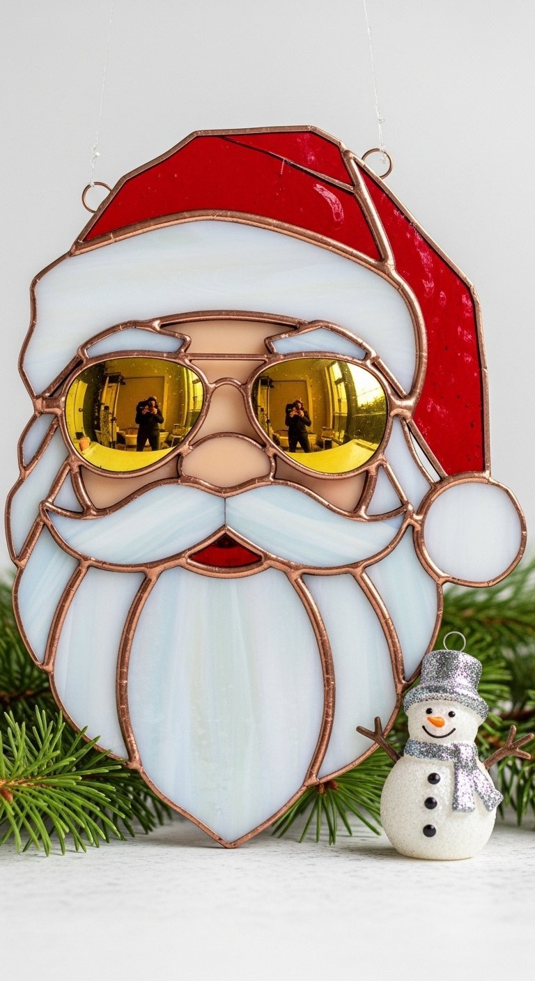 Père Noël en vitrail portant des lunettes de soleil dorées