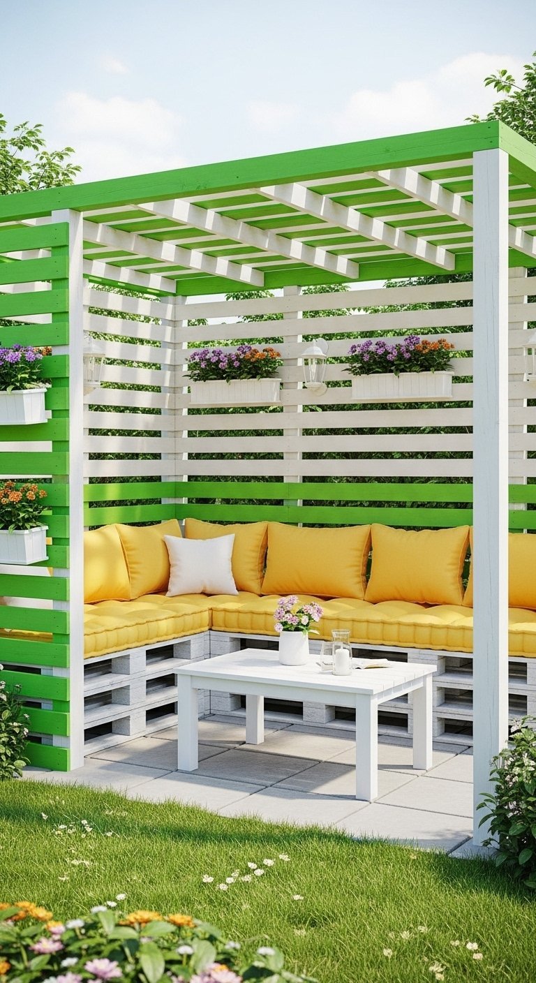 Pergola colorée en palettes vertes et blanches avec des coussins jaunes
