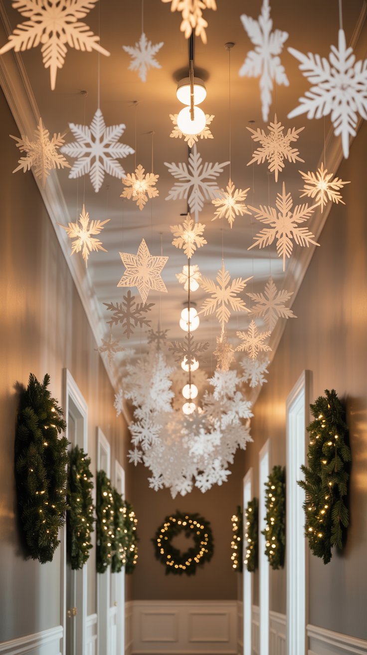 Plafond de couloir décoré avec une multitude de flocons en papier