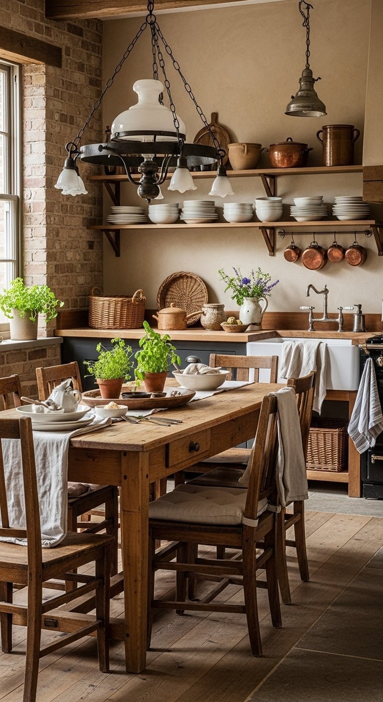 Salle à manger de cuisine rustique avec mur en brique et étagères ouvertes