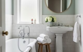 Salle de bain classique avec murs vert sauge et demi mur en carrelage blanc