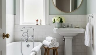 Salle de bain classique avec murs vert sauge et demi mur en carrelage blanc