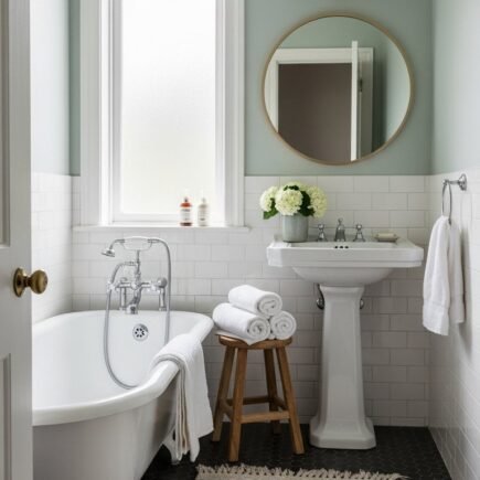 Salle de bain classique avec murs vert sauge et demi mur en carrelage blanc
