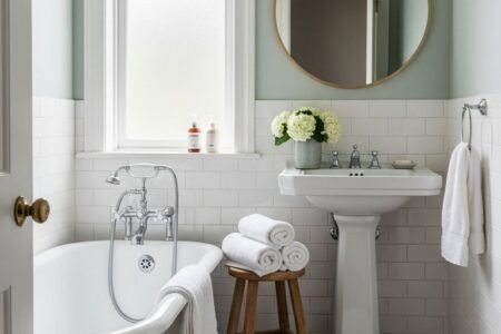 Salle de bain classique avec murs vert sauge et demi mur en carrelage blanc