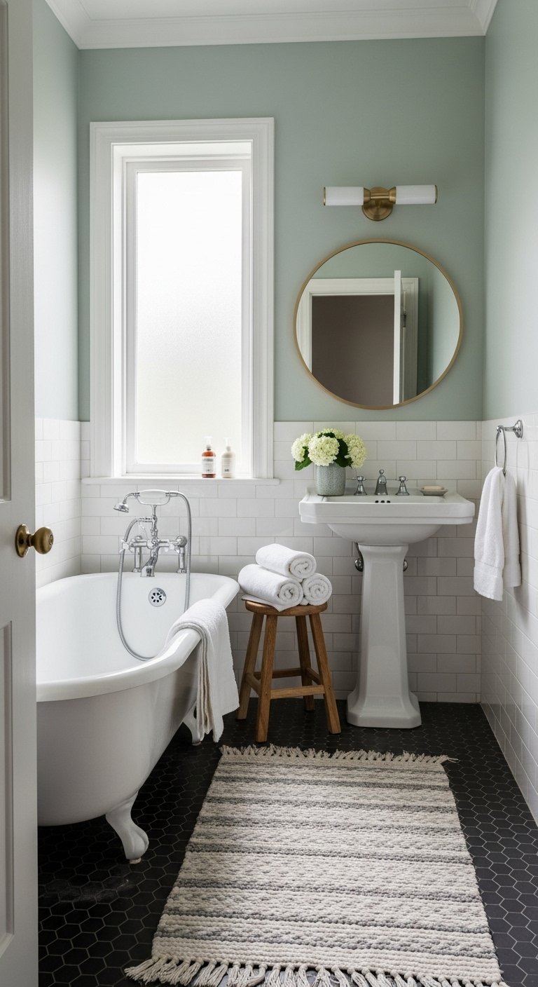Salle de bain classique avec murs vert sauge et demi mur en carrelage blanc