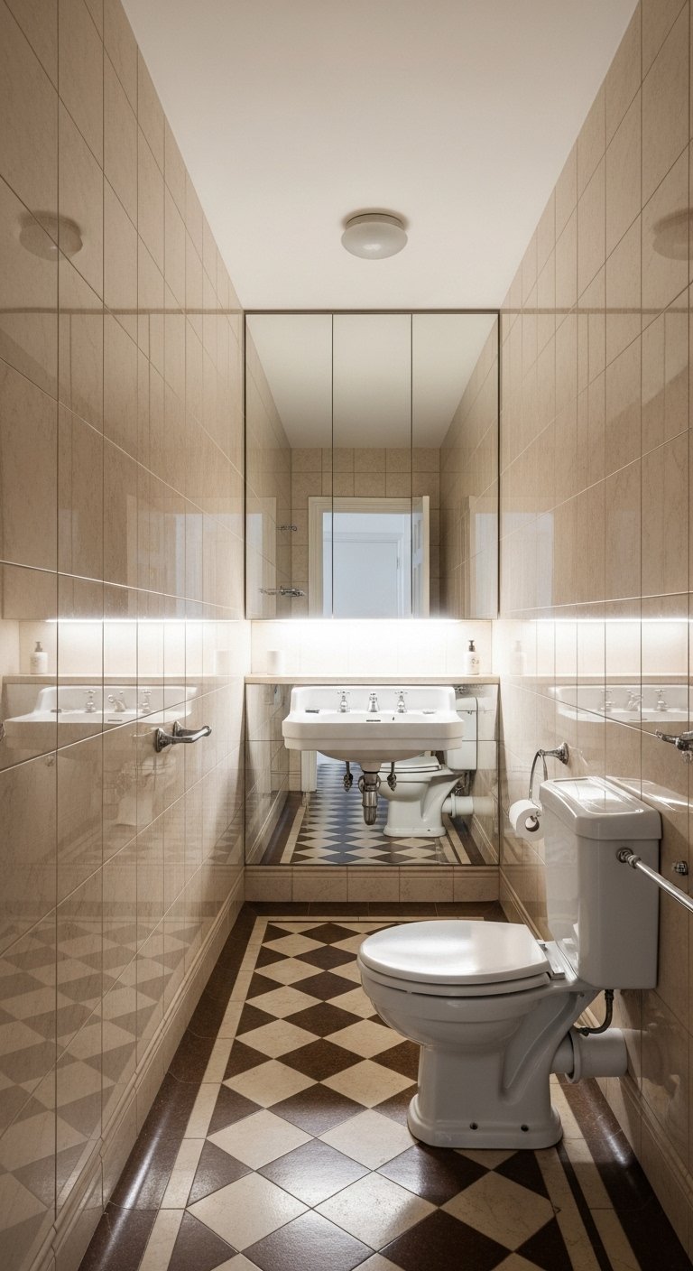 Salle de bain étroite avec mur de miroirs pour agrandir l espace