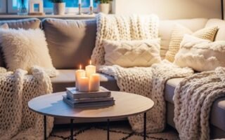 Salon cosy avec plaids en tricot et bougies pour une ambiance hygge