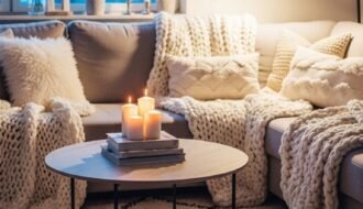 Salon cosy avec plaids en tricot et bougies pour une ambiance hygge