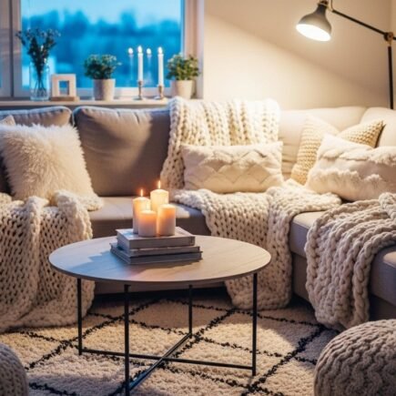 Salon cosy avec plaids en tricot et bougies pour une ambiance hygge