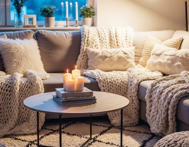 Salon cosy avec plaids en tricot et bougies pour une ambiance hygge