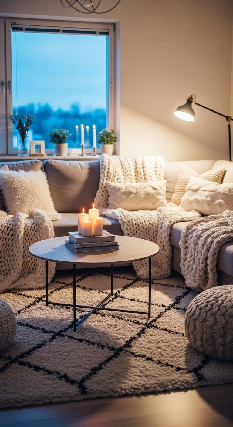 Salon cosy avec plaids en tricot et bougies pour une ambiance hygge