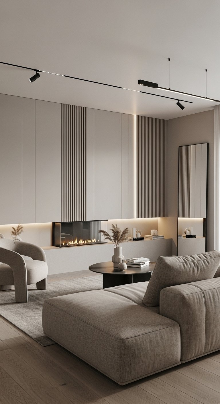 Salon design minimaliste avec mur en lattes de bois