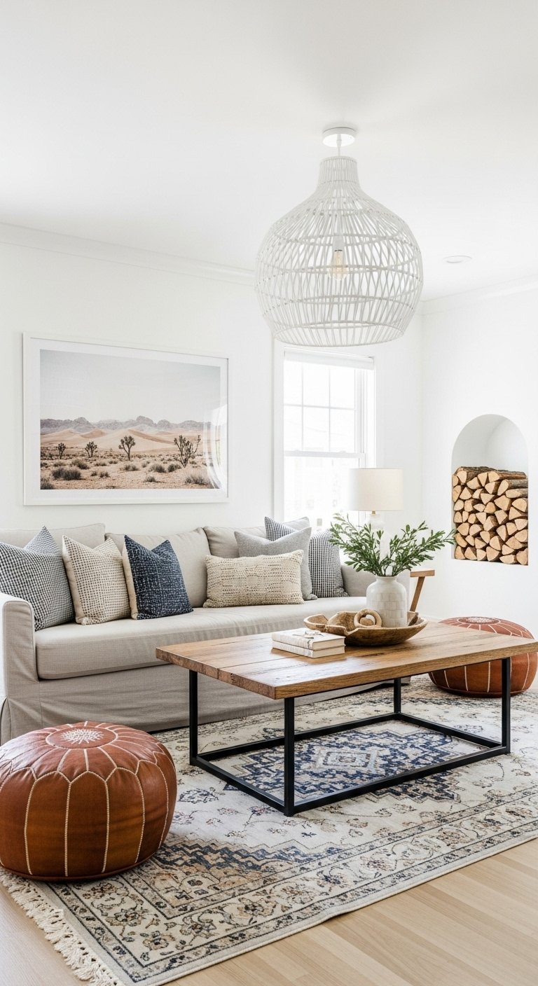 Salon minimaliste avec photographie de désert et niche à bois