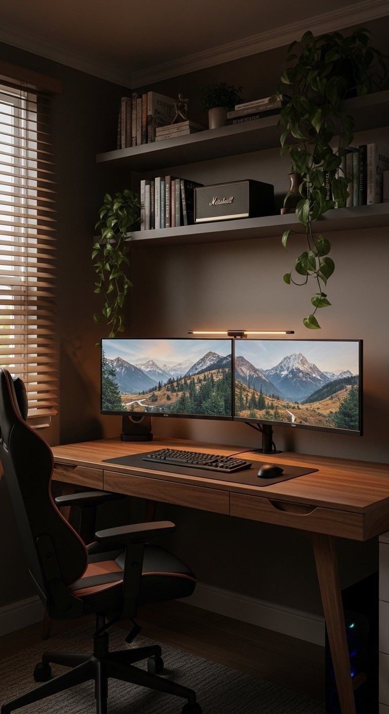 Setup de bureau avec double écran et éclairage d ambiance sombre