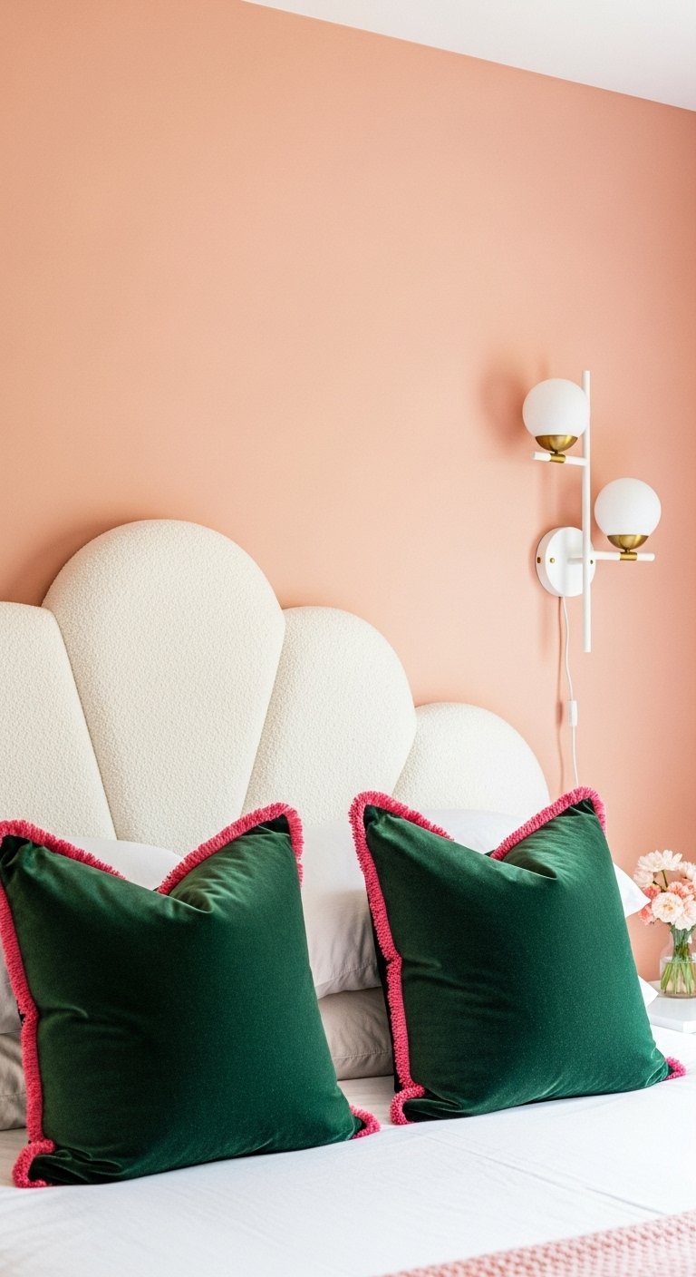 Tête de lit festonnée avec coussins en velours vert sur fond de mur pêche