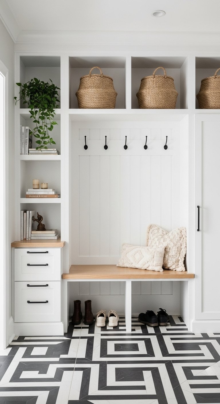 Vestiaire blanc ouvert avec banc en bois et paniers en osier