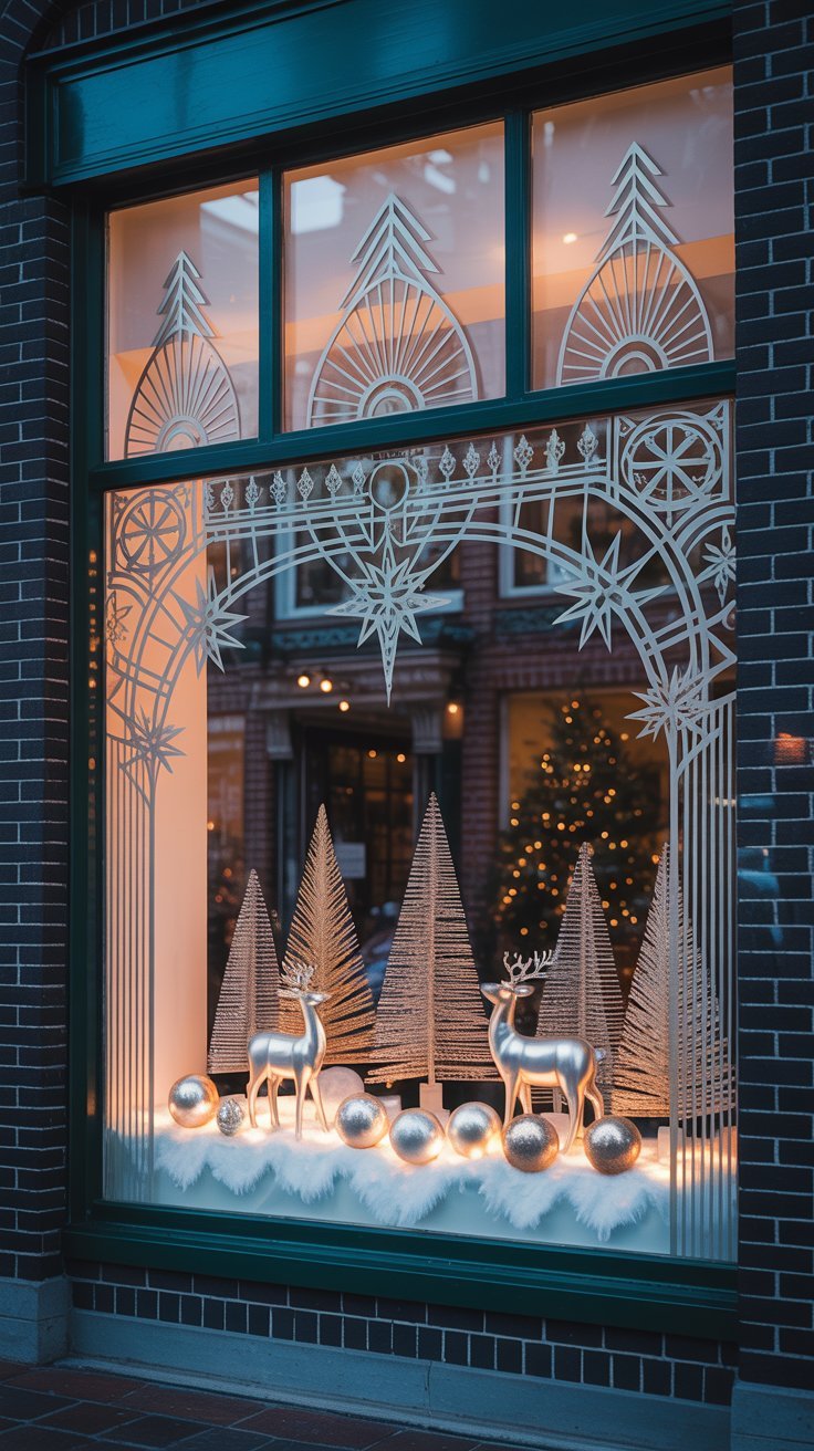 Vitrine de noel avec des rennes et des sapins argentes