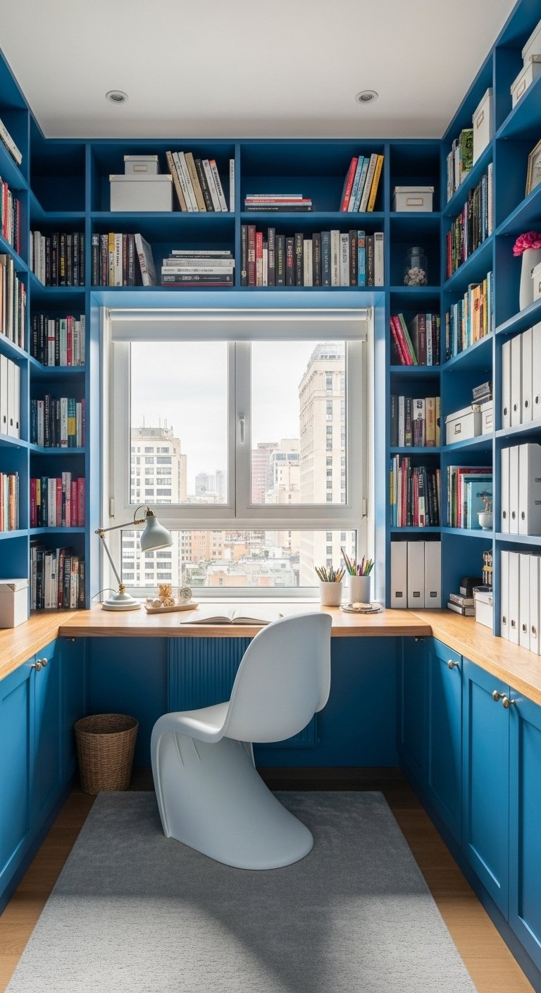 Bureau a domicile entoure dune bibliotheque bleue sur mesure