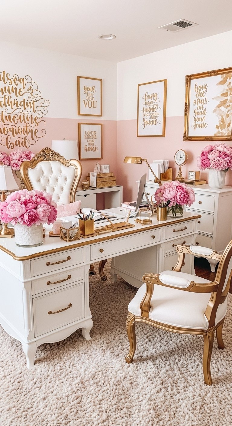 Bureau de style baroque blanc et or dans une pièce rose