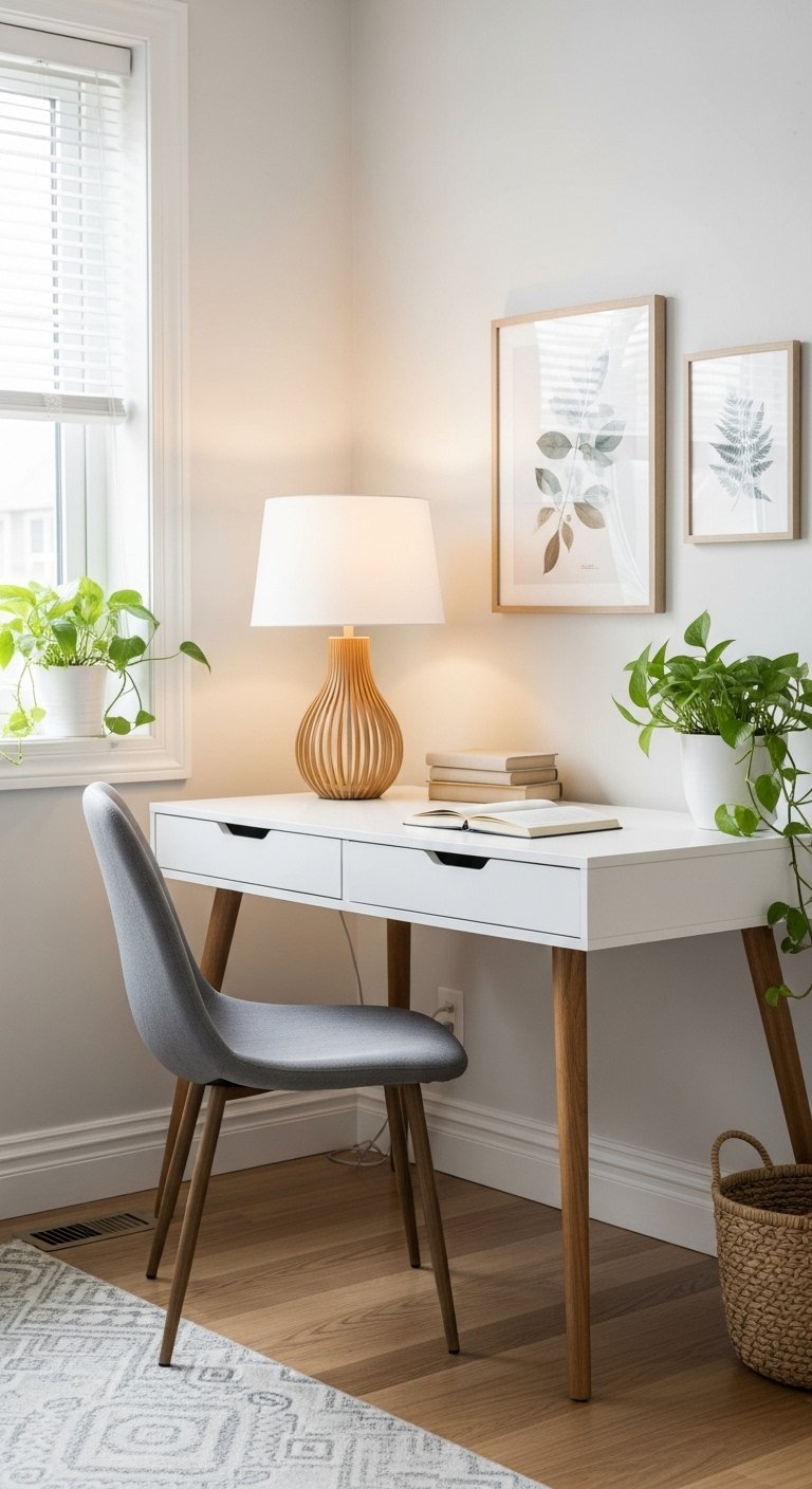Bureau en bois avec un paravent de séparation noir et une lampe rouge