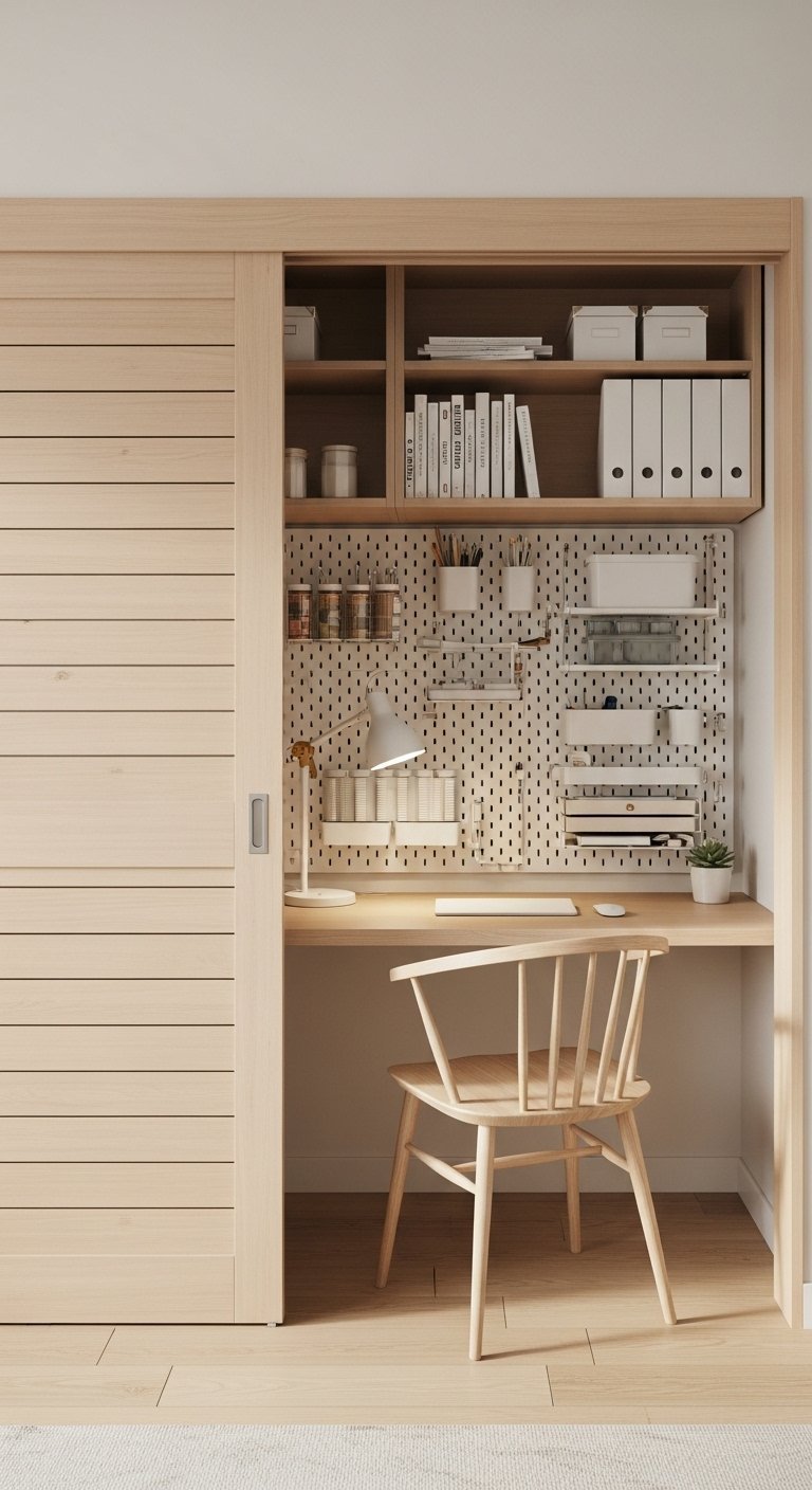 Bureau scandinave derrière une porte coulissante avec un grand panneau perforé